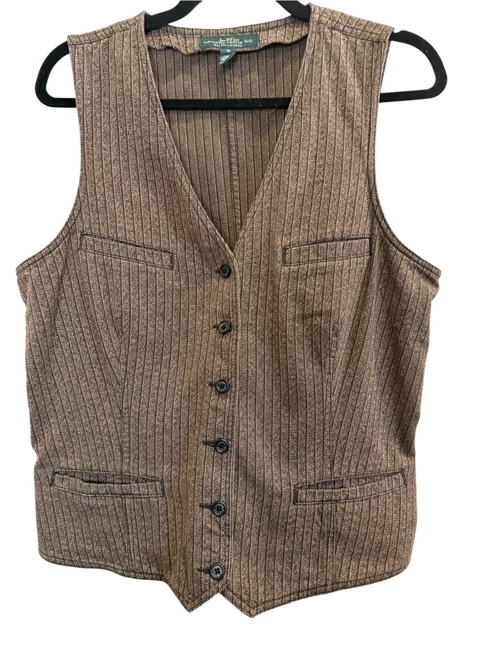 Lauren Ralph Lauren Women’s Brown Cotton Pinstripe Academia Equestrian Vest 16 - Picture 2 of 14
